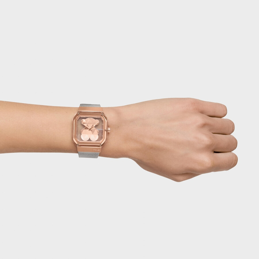 orologio analogico con bracciale in acciaio e acciaio rosa d-bear party