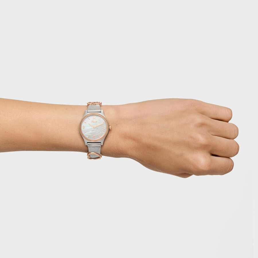 orologio analogicodigitale con bracciale in acciaio quadrante in acciaio color rosa e madreperla epic icon mesh