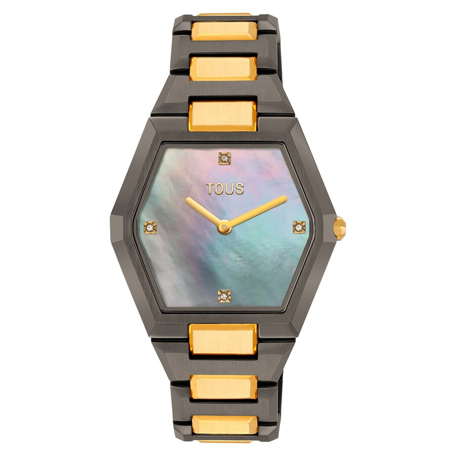 orologio analogico con bracciale in acciaio color nero e oro e quadrante in madreperla grigia karat