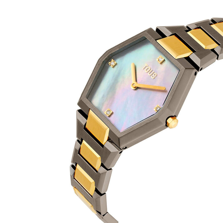 orologio analogico con bracciale in acciaio color nero e oro e quadrante in madreperla grigia karat