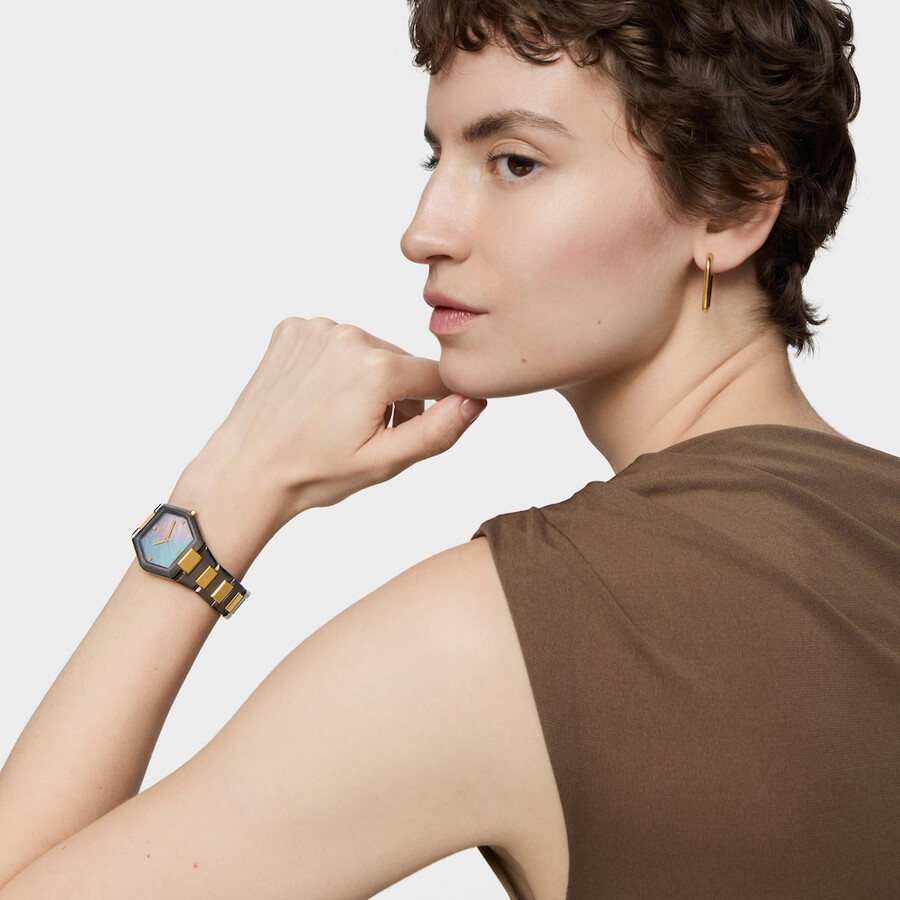orologio analogico con bracciale in acciaio color nero e oro e quadrante in madreperla grigia karat
