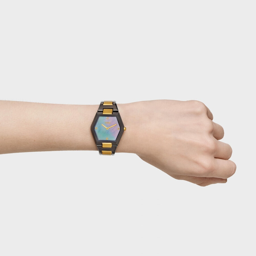 orologio analogico con bracciale in acciaio color nero e oro e quadrante in madreperla grigia karat
