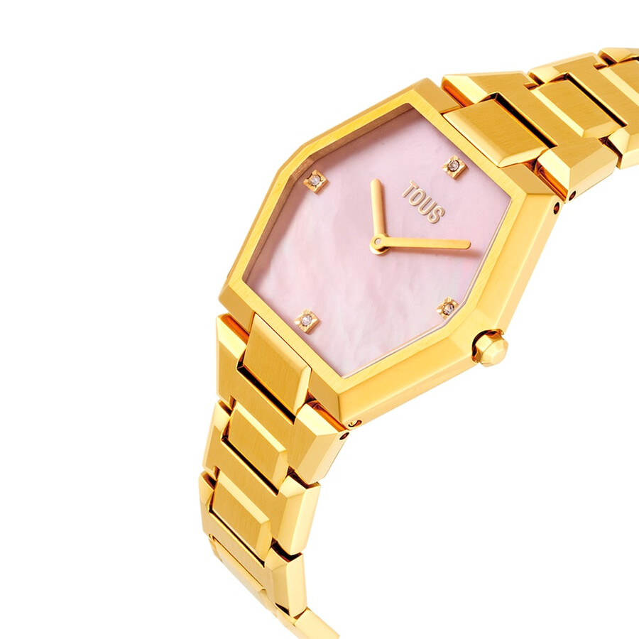 orologio analogico con bracciale in acciaio color oro e quadrante in madreperla rosa karat