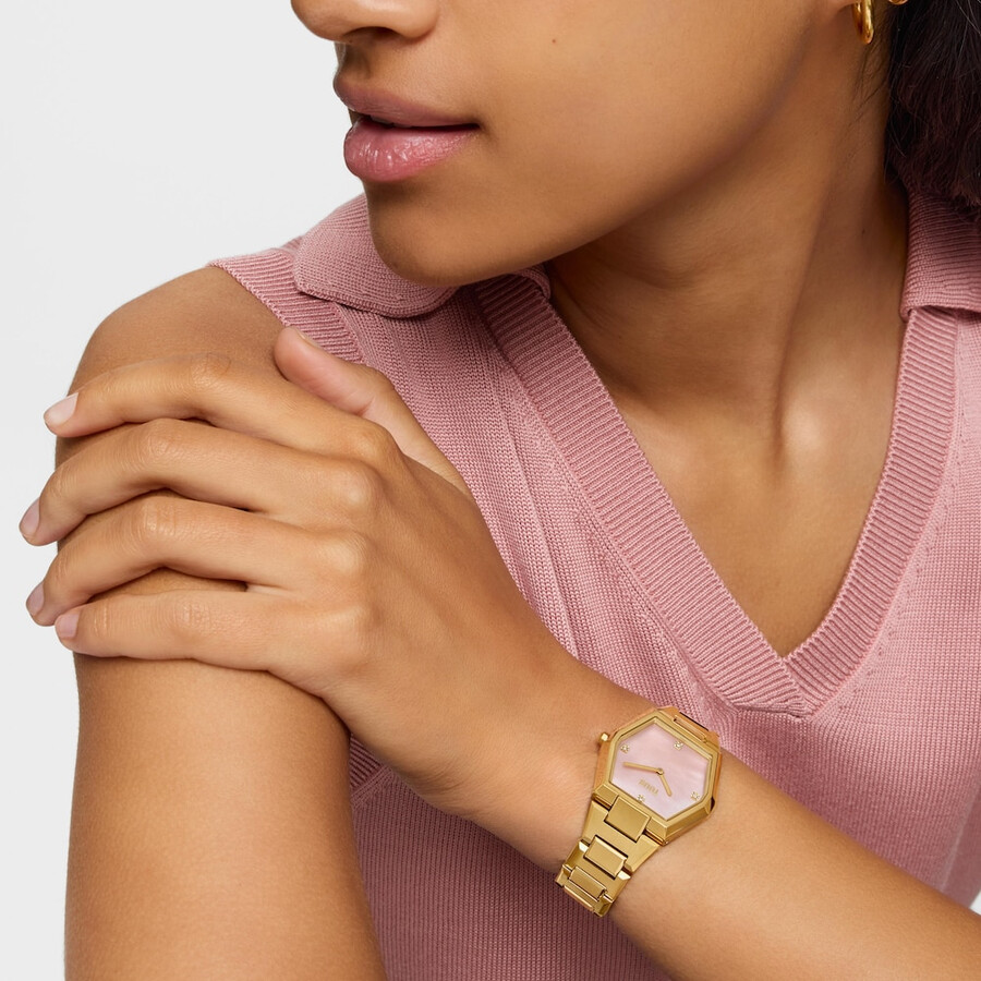 orologio analogico con bracciale in acciaio color oro e quadrante in madreperla rosa karat