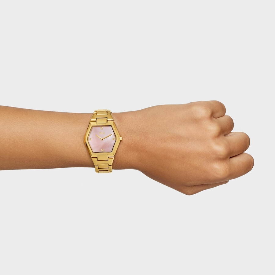 orologio analogico con bracciale in acciaio color oro e quadrante in madreperla rosa karat