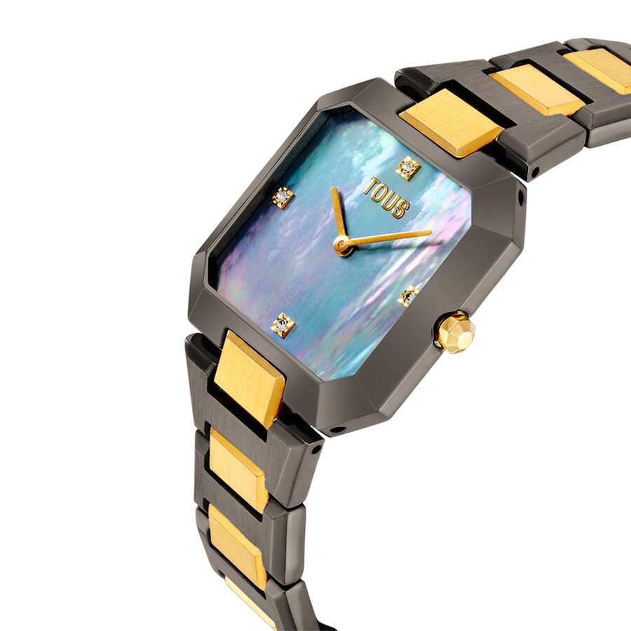 orologio analogico con bracciale in acciaio color nero e oro e quadrante in madreperla grigia karat