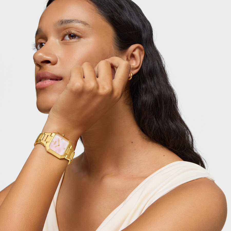 orologio analogico con bracciale in acciaio color oro e quadrante in madreperla rosa karat